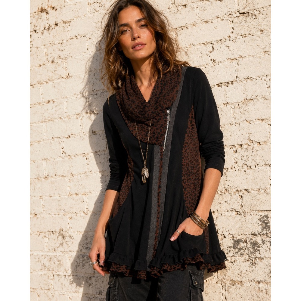 Clotheshead Leopard‎ Cowl Neck Tunic Top Zip Up Ruffle Hem Pockets Lagenlook S